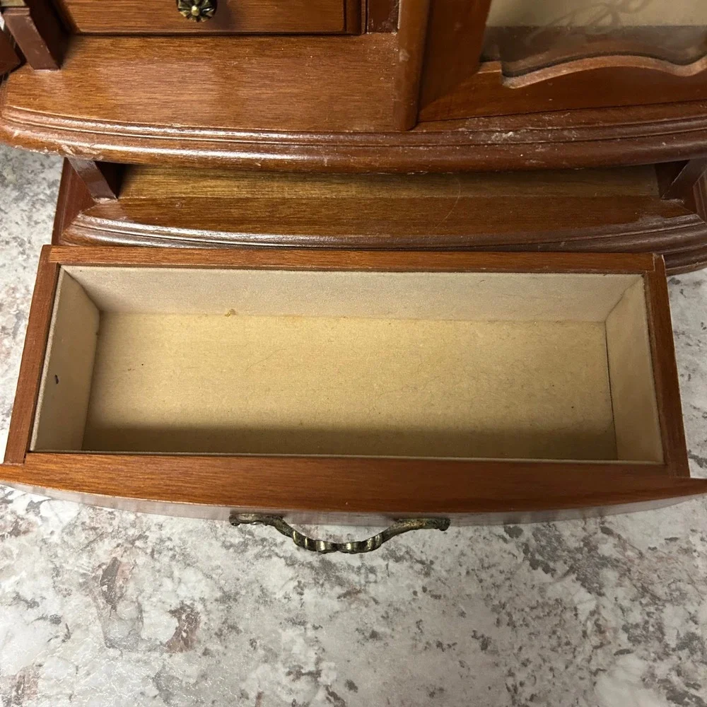 Vintage Wooden Jewelry Box Armoire Brown Vintage Etched Glass Necklace Carousel
